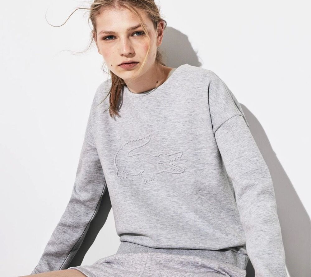 Lacoste Sport 3D Croc Logo Gray Oversized Fleece Sweatshirt Womens L